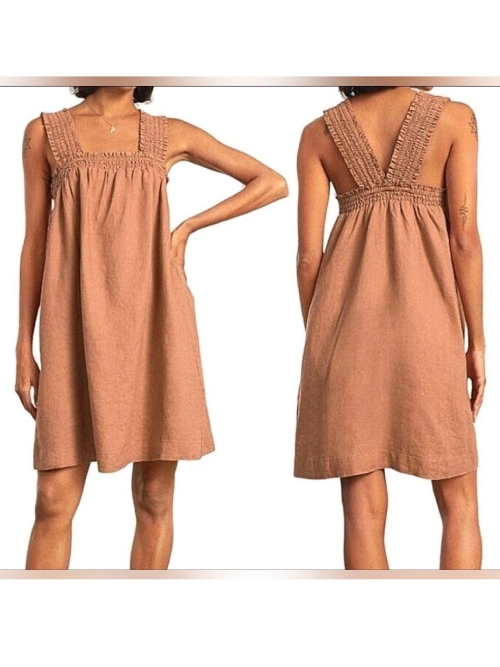 EVERLANE Tan Smocked Strap Mini Dress